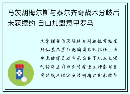 马茨胡梅尔斯与泰尔齐奇战术分歧后未获续约 自由加盟意甲罗马